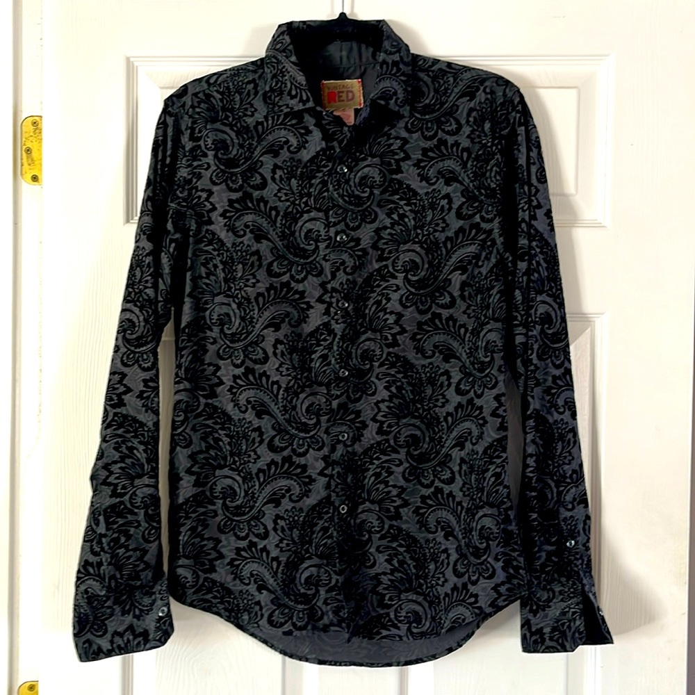 Black paisley cotton/poly blend button down shirt